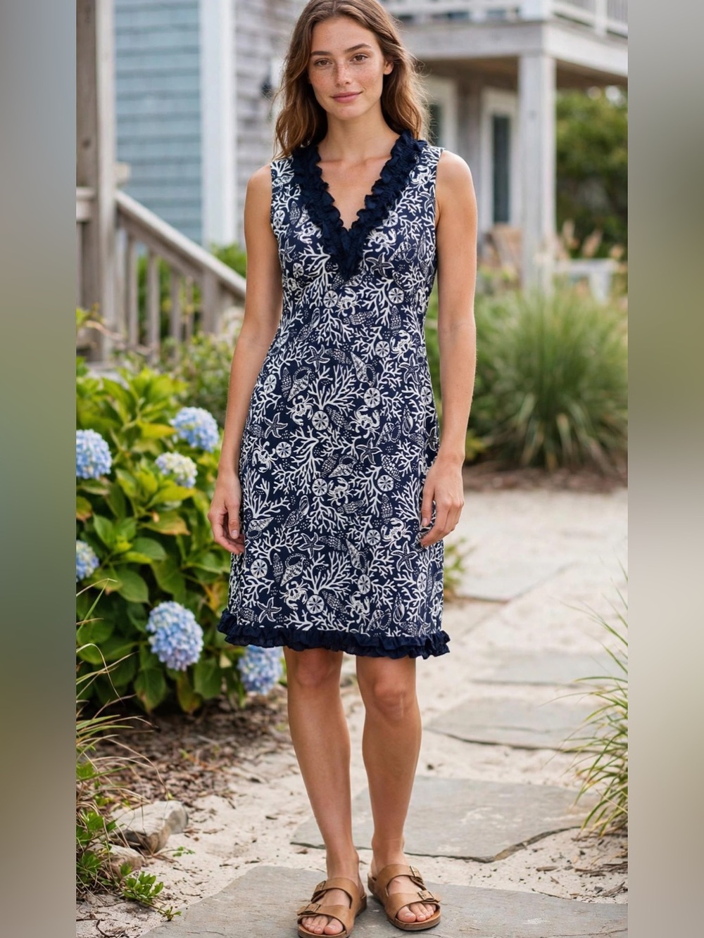 Vineyard Vines Navy White Coral Starfish Crab Ruffle Shift Dress Size 2 Coastal